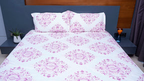 White and Lavender Floral Motif 100% Cotton King Size Double Bedsheet with two pillow covers