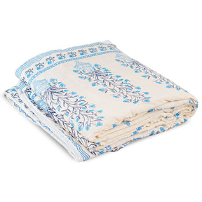 Inizio Soft Cotton Rajasthani Jaipuri Pattern Reversible and Breathable Fabric Dohar for Queen Size Bed, Lightweight AC Blanket for Indoor and Outdoor Use (Blue and Off White)