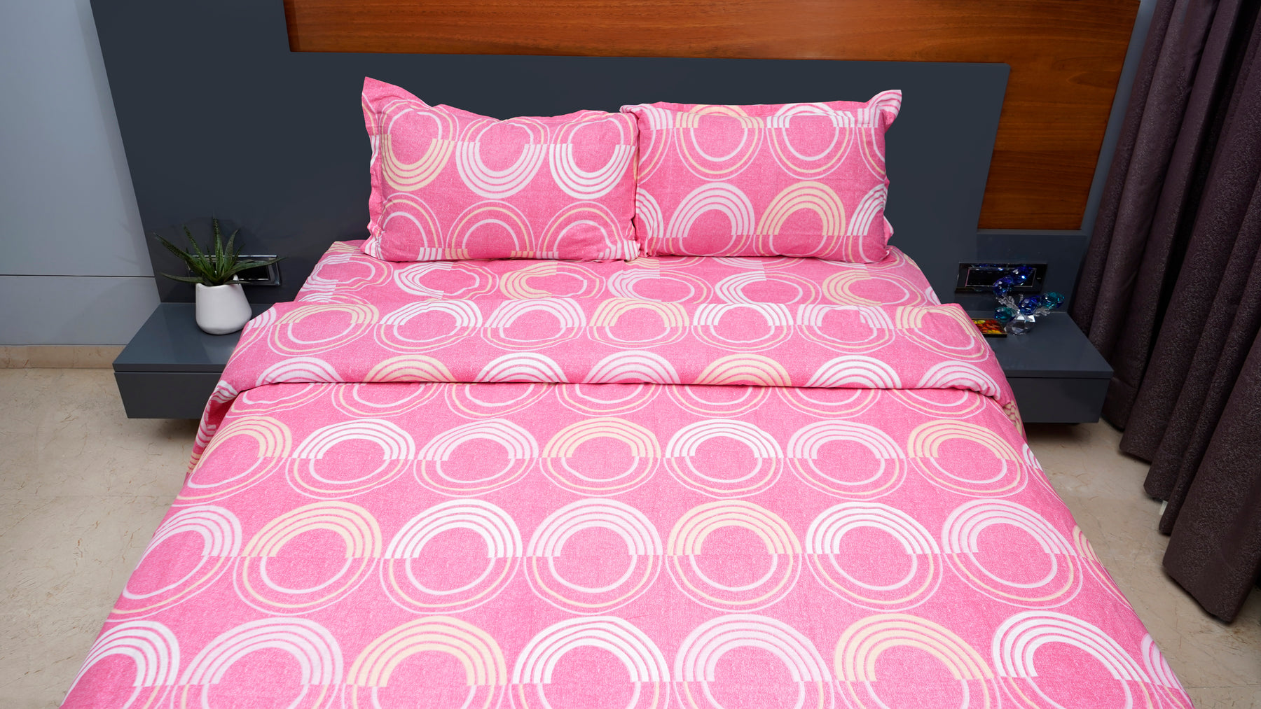 Pink with Rainbow shape prints double bedsheet with pillow covers