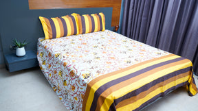 Floral Yellow Brown Stripes 100% Cotton King Size Bedsheets with two pillow covers
