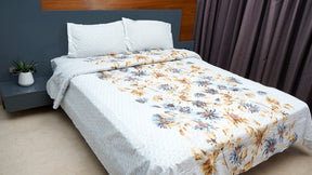 Grey brown floral printed double bedsheet with pillow cover