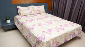 Beige with pink geometrical print double bedsheet with pillow cover