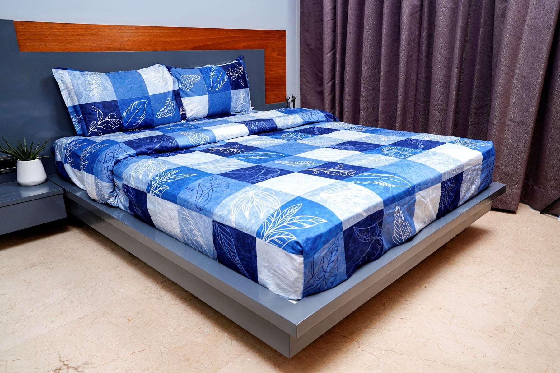 Blue & Grey Cotton Soft Queen Size Bed sheet with 2 Pillow Covers Leaves Printed Flat Sheets Lightweight Breathable
