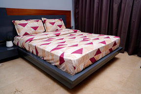 Cream and Wine King Size Cotton Bed sheet with 2 Pillow Covers for Double Bed Geometric Print Soft Breathable Durable