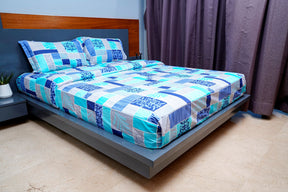 Square Print Queen Size Wrinkle Free Cotton Bedsheet with 2 Pillow Covers, Ultra Soft Lightweight & Breathable
