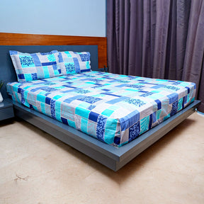 Square Print Queen Size Wrinkle Free Cotton Bedsheet with 2 Pillow Covers, Ultra Soft Lightweight & Breathable