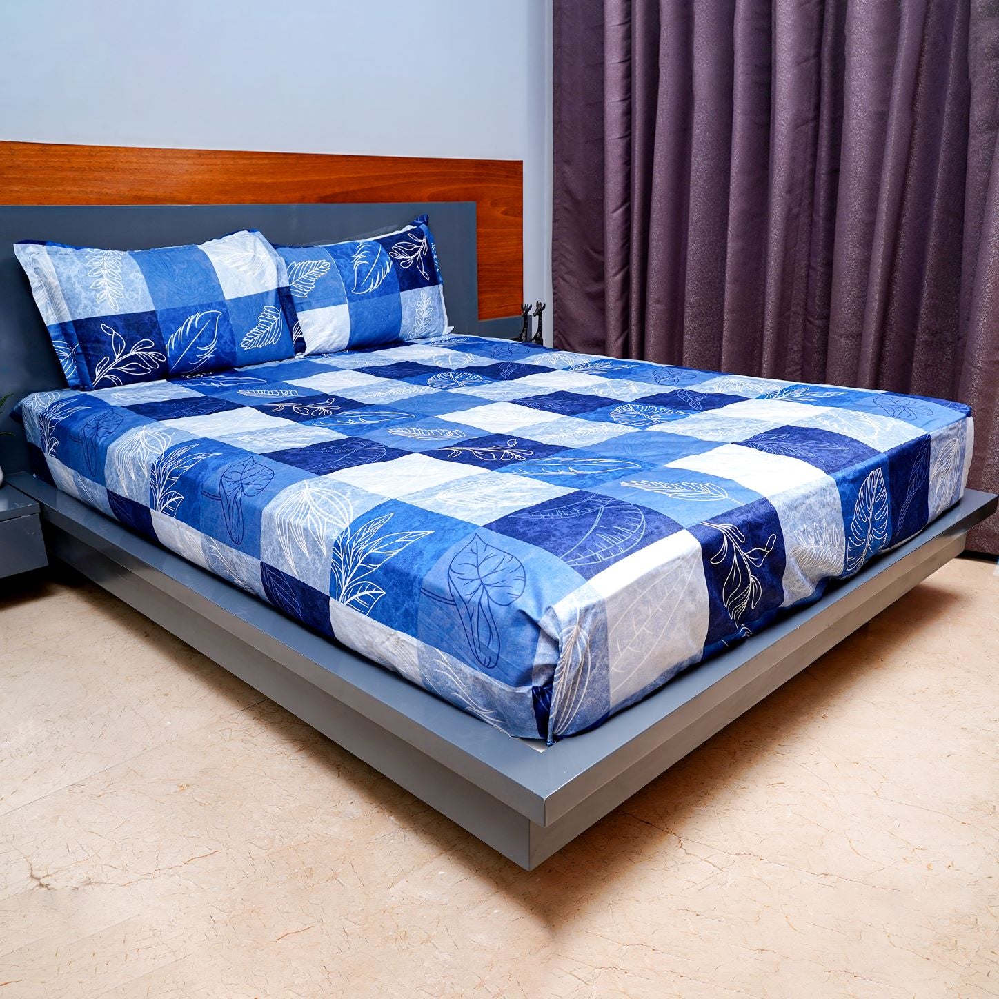 Blue & Grey Cotton Soft Queen Size Bed sheet with 2 Pillow Covers Leaves Printed Flat Sheets Lightweight Breathable