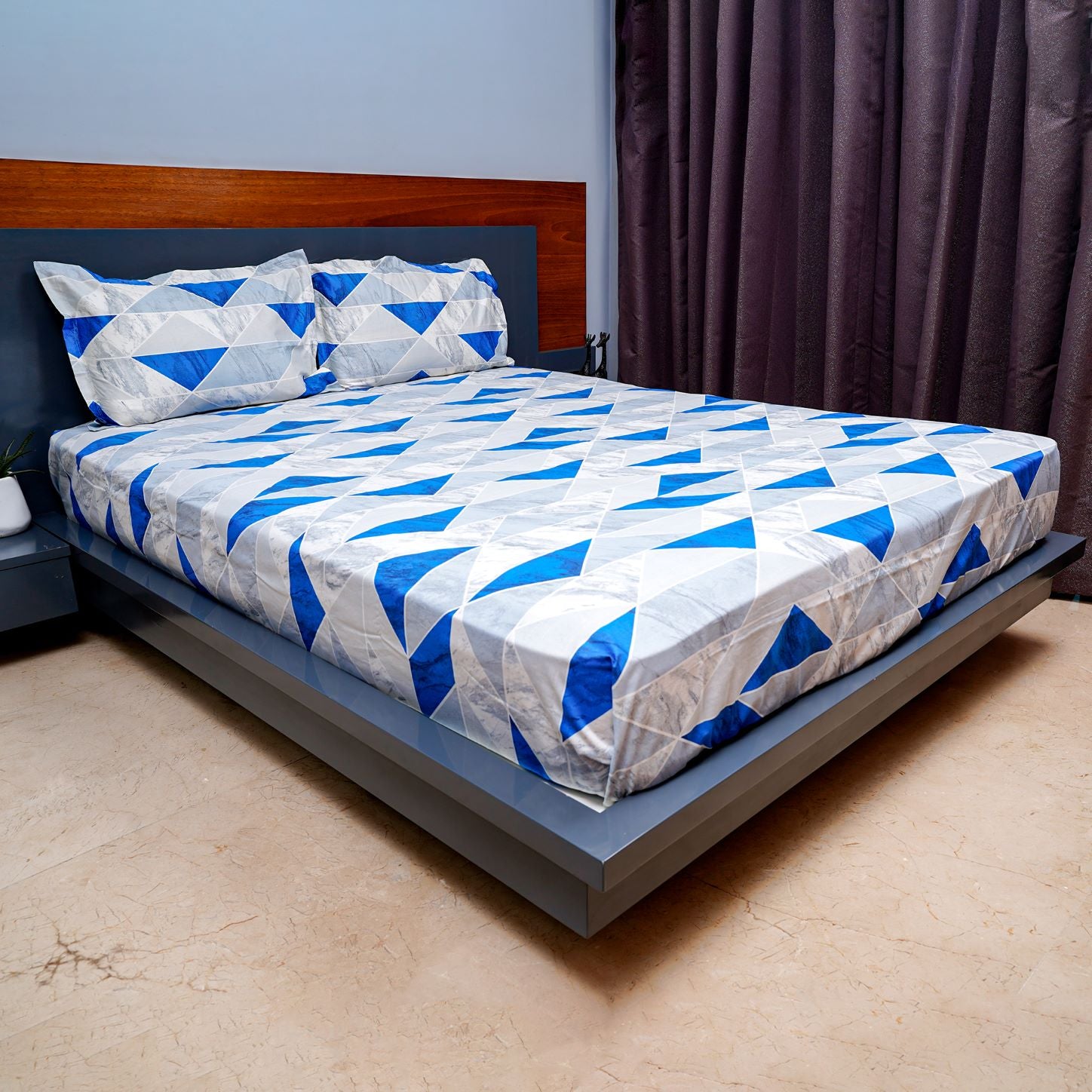 Modern Printed Blue and White Cotton King Size Bed sheet with Beautiful Pillow Covers Traditional Soft Cozy